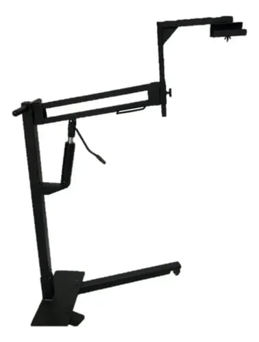 Black silhouette of a bicycle repair stand with articulated arm and adjustable clamp for holding bikes during maintenance
