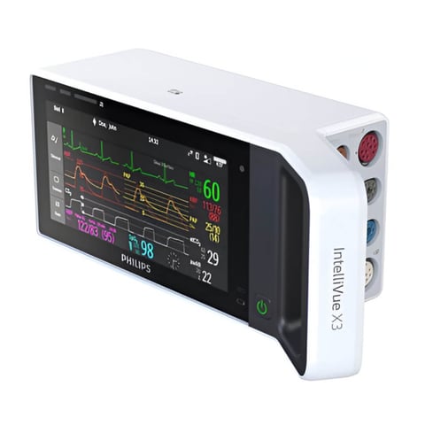 Philips IntelliVue X3 portable patient monitor displaying vital signs with colorful waveforms and numerical readings on black display