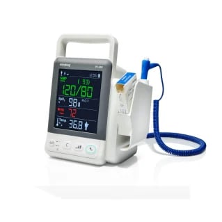 Digital vital signs monitor with attached pulse oximetry probe displaying blood pressure, heart rate, temperature and oxygen saturation readings