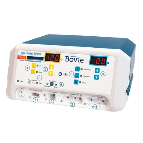 Specialist PRO Bovie electrosurgical unit with digital display, control buttons, and numbered indicator callouts