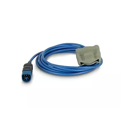 Blue medical device cable with black connector on left end and tan rectangular adapter on right end