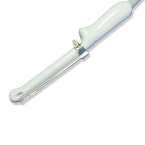 Glass laboratory tube with white handle and metal connector band on white background