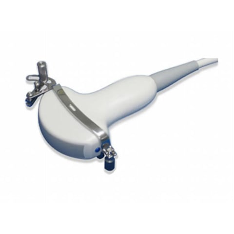 Medical endoscope or laparoscopic camera with white and blue handle and tapered insertion tube
