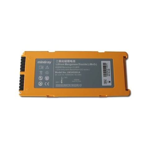 Orange Mindray LM34S202A lithium battery pack for defibrillator with label and connector