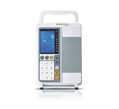 Portable infusion pump with blue display screen, control buttons, and white housing on stand