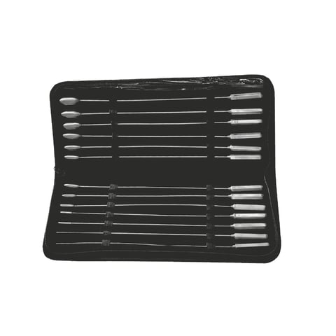 Set of metal dental tools and instruments neatly organized in a black carrying case