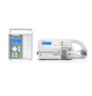 Medical infusion pump and IV stand with blue display screens, showing portable hospital equipment