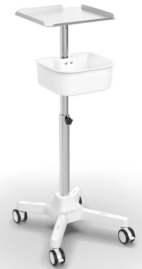 Mobile medical workstation with white basin and top shelf, mounted on silver pole with wheeled base