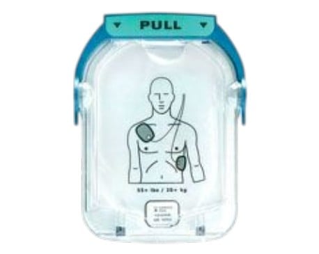 Automated external defibrillator (AED) with pull tab showing chest electrode placement diagram