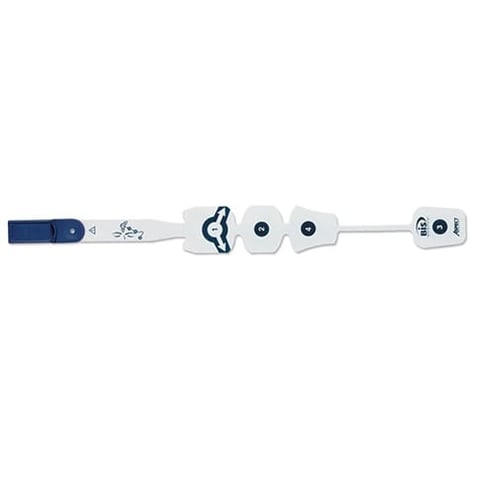 Medical monitoring cable with blue connector plug, white electrode pads, and control module components arranged in a line