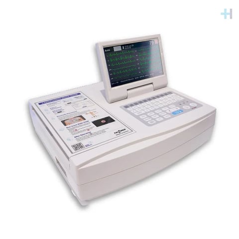Philips electrocardiogram ECG machine with monitor displaying heart rhythm waveform and control panel with keyboard
