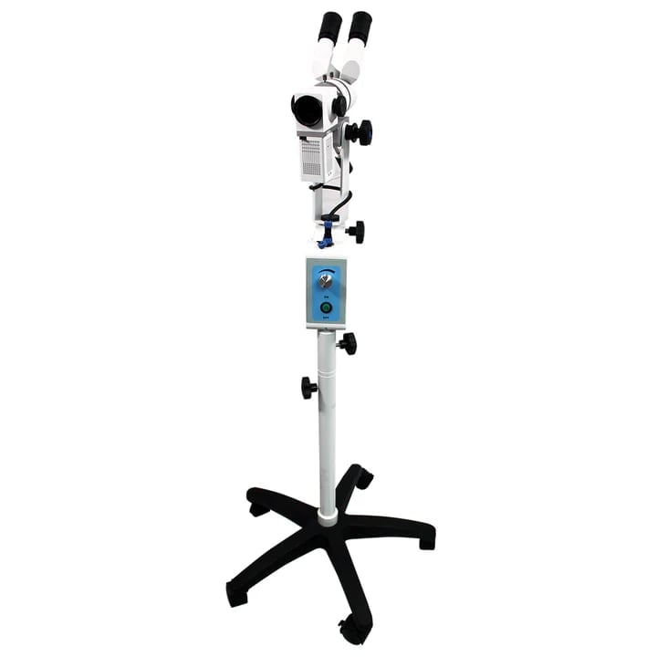 Surgical microscope on mobile stand with binocular eyepieces and blue control panel