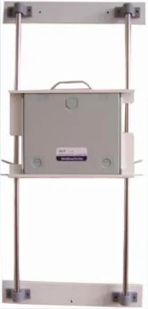Wall-mounted grey plastic cabinet or enclosure with handle and blue label, suspended by metal frame