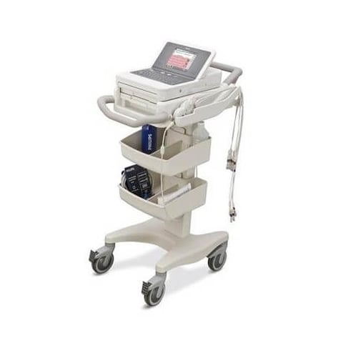 Medical ultrasound machine on mobile cart with grey monitor and storage shelves with casters