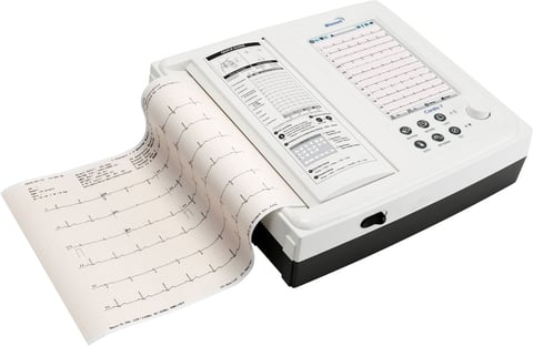 Portable ECG machine with paper printout, showing heart rhythm waveforms and control panel with buttons