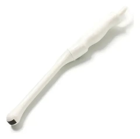 White plastic dental floss pick with forked prongs and dark accent band near handle