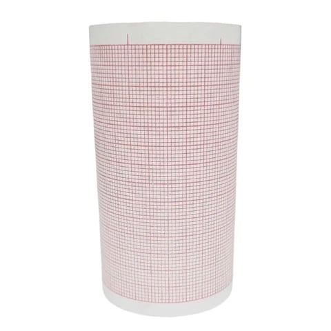 Roll of pink and white grid-patterned thermal paper for medical or fax machines