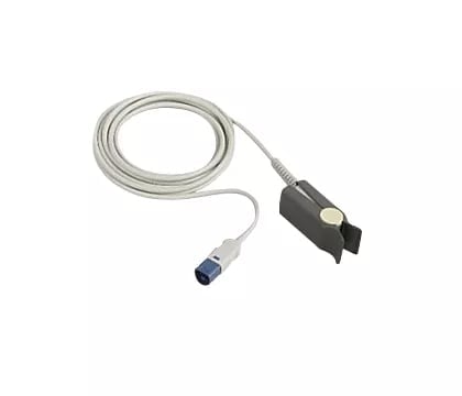 SpO2 pulse oximetry sensor with white cable and connector on white background