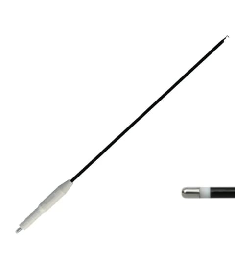 Black stylus pen with gray grip and metal tip, shown with close-up detail view