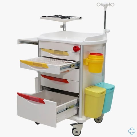 Medical utility cart with multiple drawers, supply bins, and overhead shelves on wheeled base