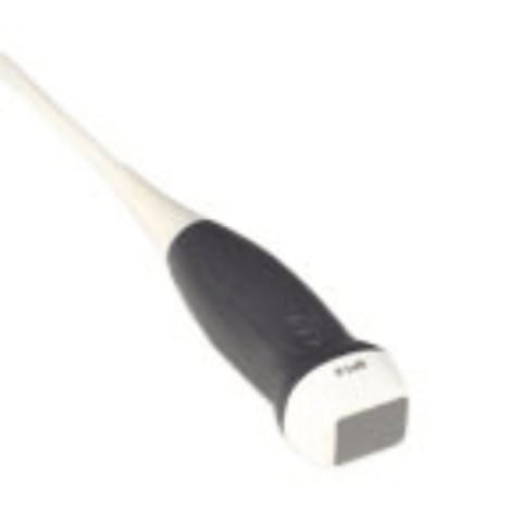 Ultrasound probe with black grip and white connector on white background