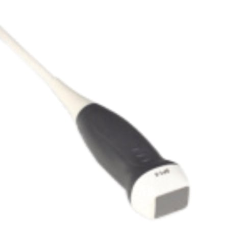 Ultrasound probe with black grip handle and white beige cord on plain background