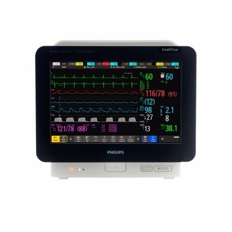 Philips IntelliVue medical monitor displaying patient vital signs including heart rate, blood pressure, and waveforms