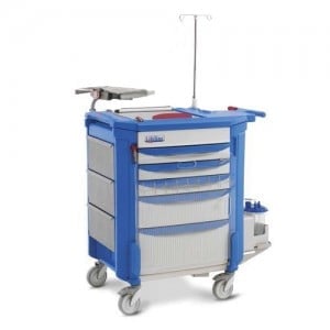 Blue medical utility cart with multiple drawers, IV pole, and wheeled base for hospital or clinic use