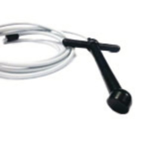 Clear plastic jump rope with black handle and connector on white background
