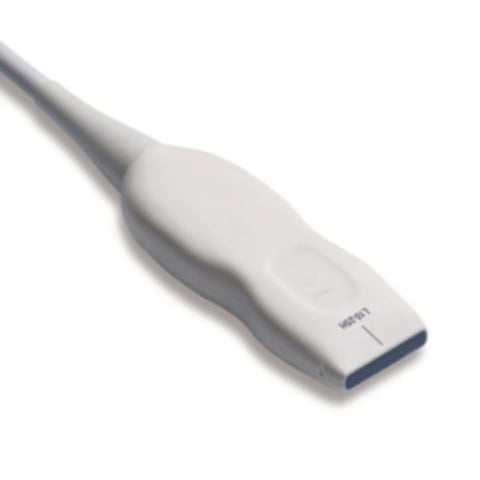 White ultrasound probe with dark band at the handle tip against white background