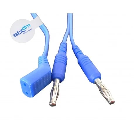 Cables de prueba eléctrica azules con puntas de sonda metálicas y conectores banana, etiquetados con marca Stigim