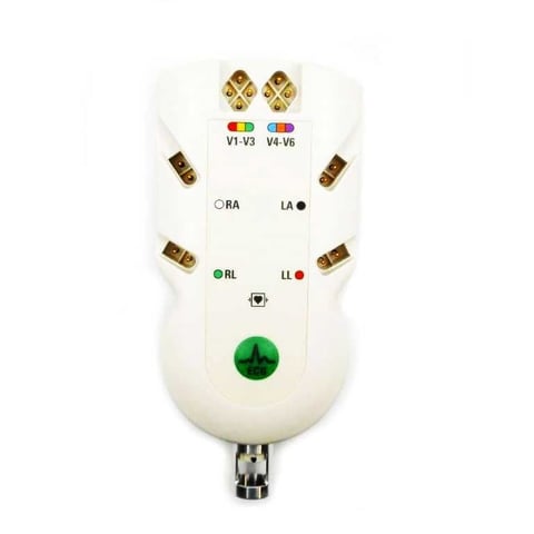 White handheld 12-lead EKG device with colorful lead indicators and green display button