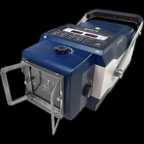 Portable ultrasound machine with blue control panel, digital display, and open side compartment for equipment storage