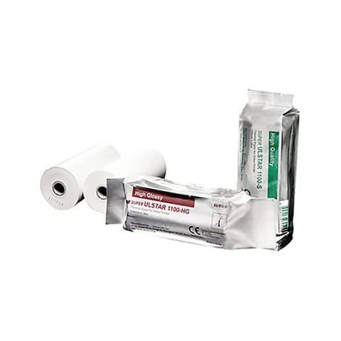 Medical thermal paper rolls and printer paper supplies including white receipt rolls, gray tape, and green packaging box
