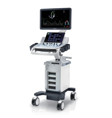 Portable ultrasound machine with monitor, control panel, and wheeled cart base for medical imaging