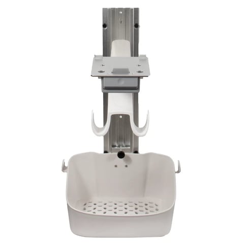 Wall-mounted soap dispenser and catch basket system with white basket and gray mounting bracket