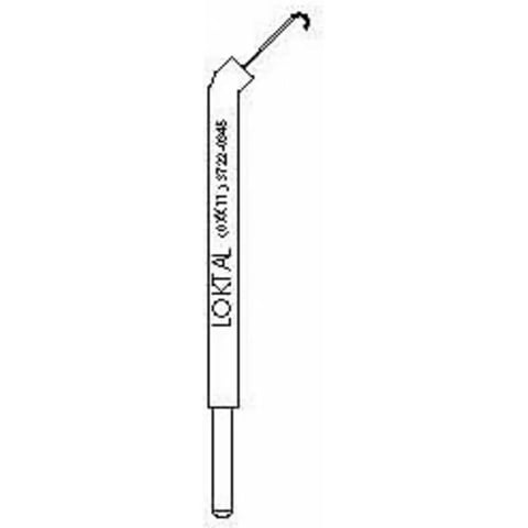 Technical drawing of a lockable syringe with angled needle, labeled with LOKTAL and product code