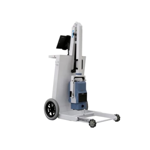 Mobile medical X-ray machine with display screen mounted on white and blue wheeled stand
