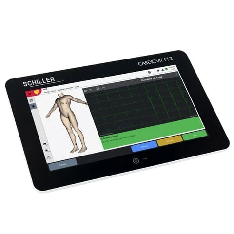 Schiller CardioFit FY2 tablet displaying body composition analysis with anatomical figure and colorful measurement data chart