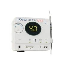 Bovie DERM 942 electrosurgical unit with digital display showing 42, control dial, and probe attachment
