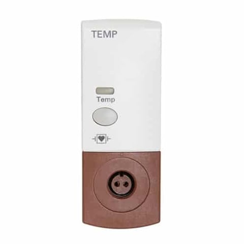 White and brown digital temperature thermostat with display screen and control buttons