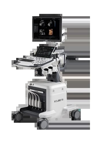 Medical ultrasound machine with monitor, keyboard interface, and mobile cart base on wheels