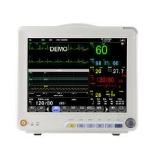 Medical monitor displaying vital signs with waveforms, heart rate, blood pressure, and oxygen saturation readings in demo mode