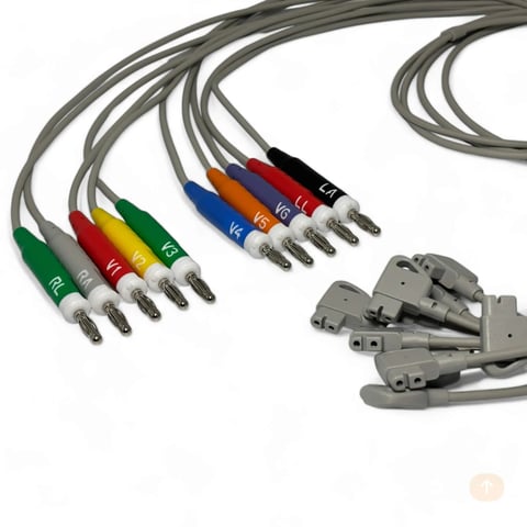 Set of medical ECG/EKG cables with colored connectors (green, red, yellow, blue, orange, black, brown, white) and gray clip leads