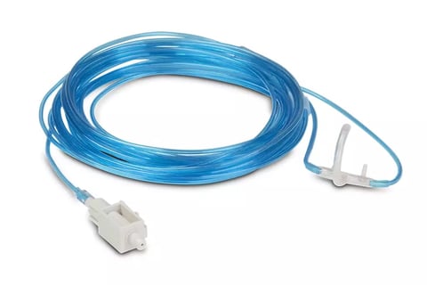 Blue oxygen nasal cannula tubing with connector and white ear loops