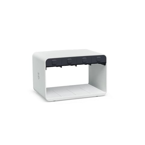 White desktop printer enclosure with black top panel and open front cavity