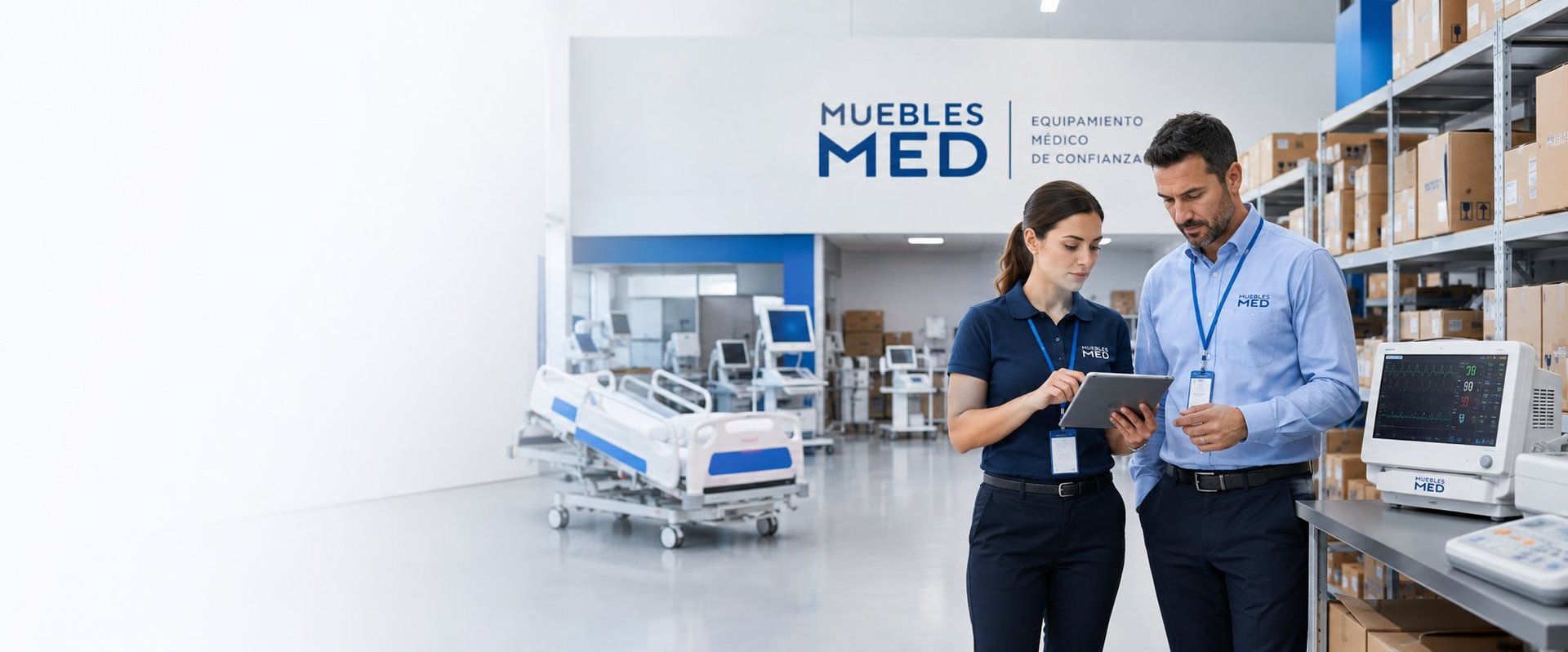 Two professionals discuss medical equipment in a modern showroom with hospital beds and medical devices on display