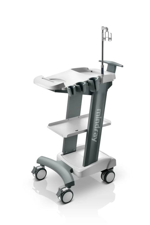 Medical cart with gray and white shelves, mounted equipment arm, and wheeled base on white background