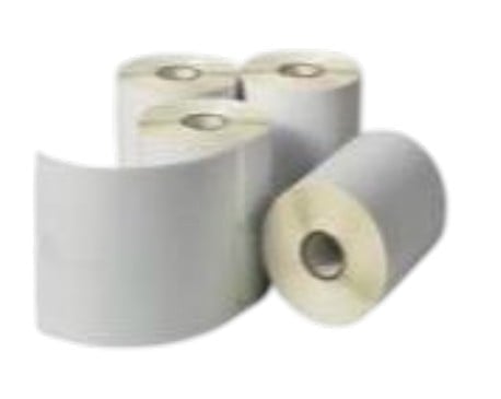 Four rolls of white thermal receipt paper with circular centers displayed against white background