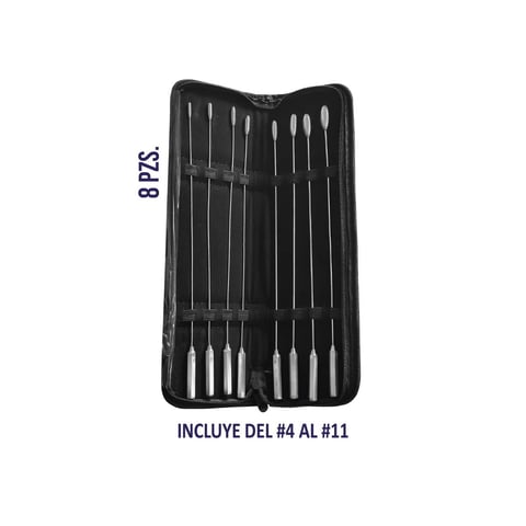 8-piece dental tool set in black case, includes del #4 al #11 instruments